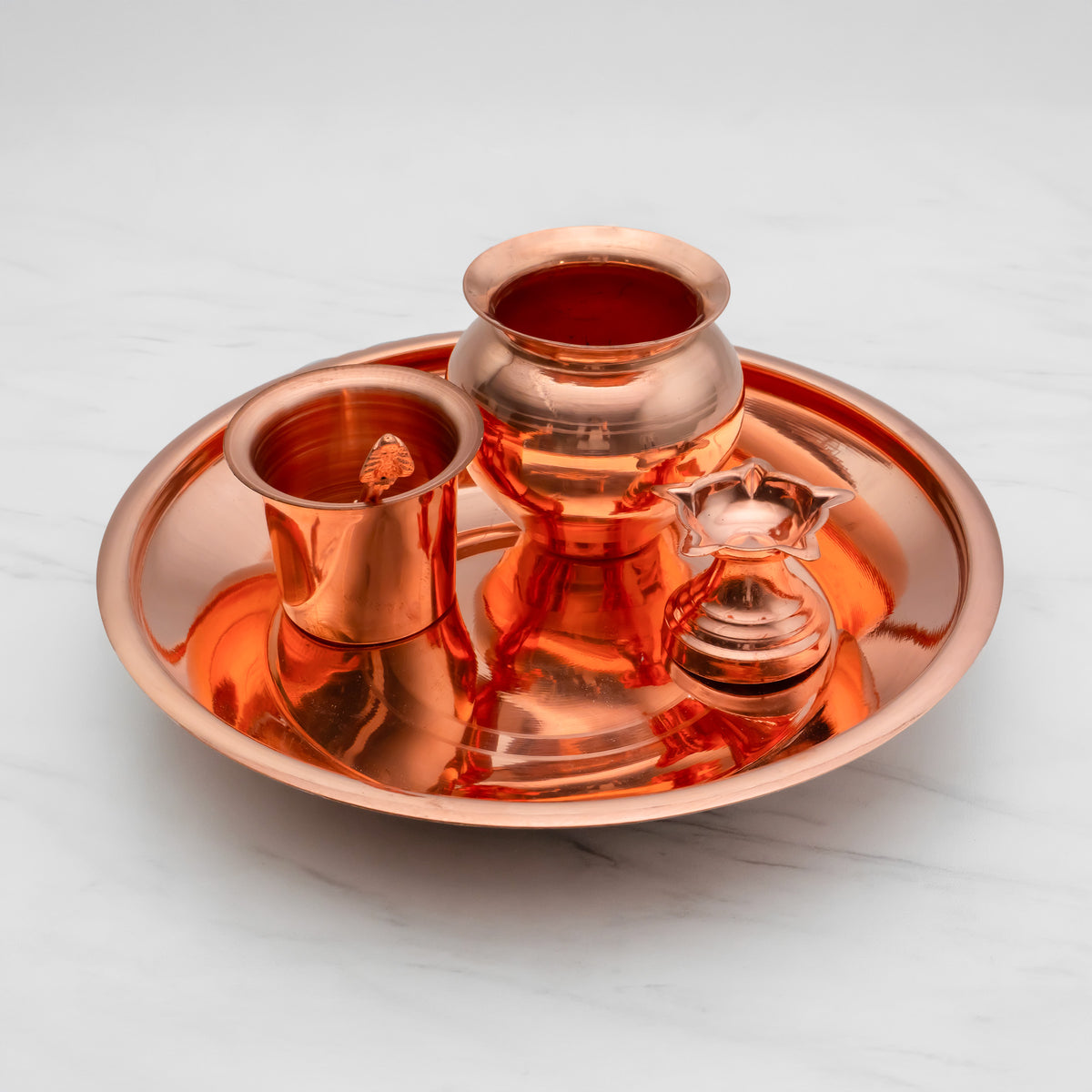 Pure Copper Pooja Thali Set - 5 Items | Pooja Thali Set with 1 Plate, 1 Kalash, 1 Fullpatra, 1 Pali, and 1 Niranjan
