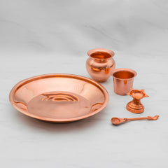 Pure Copper Pooja Thali Set - 5 Items | Pooja Thali Set with 1 Plate, 1 Kalash, 1 Fullpatra, 1 Pali, and 1 Niranjan
