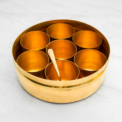 Pure Brass Masala Dabba/Spice Box Dabba for Kitchen - 7 Containers and 1 Spoon - Lead-Free & Harmless