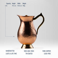 Pure Copper Jug for Water with Lid & Handle - Antioxidant and Antimicrobial - Harmless & Lead-Free - Very Strong & Durable - 1L
