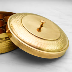 Pure Brass Masala Dabba/Spice Box Dabba for Kitchen - 7 Containers and 1 Spoon - Lead-Free & Harmless
