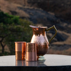 Pure Copper Jug for Water with Lid & Handle - Antioxidant and Antimicrobial - Harmless & Lead-Free - Very Strong & Durable - 1L