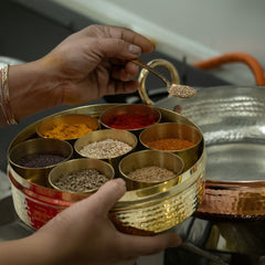 Pure Brass Masala Dabba/Spice Box Dabba for Kitchen - 7 Containers and 1 Spoon - Lead-Free & Harmless