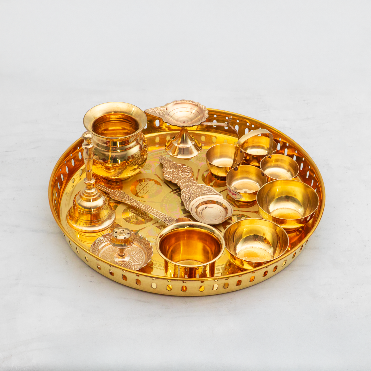 Healthsmith Pure Brass Ashtamangal Pooja Thali Set of 11-1 Ghanti, 1 Pooja Aarti, 1 Fulpatra, 1 Pali, 2 Wati, 1 Kalash, 1 Chaumukha, 1 Incense Burner, 1 Kapoor Aarti & 1 Thali - 12 inch, 1200gm