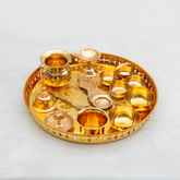 Healthsmith Pure Brass Ashtamangal Pooja Thali Set of 11-1 Ghanti, 1 Pooja Aarti, 1 Fulpatra, 1 Pali, 2 Wati, 1 Kalash, 1 Chaumukha, 1 Incense Burner, 1 Kapoor Aarti & 1 Thali - 12 inch, 1200gm