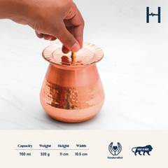 Pure Copper Almond Lota with Hammered Finish With Lid– Lacquer Coated for Long Life