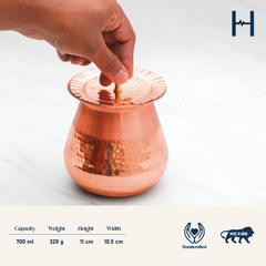 Pure Copper Almond Lota with Hammered Finish With Lid– Lacquer Coated for Long Life