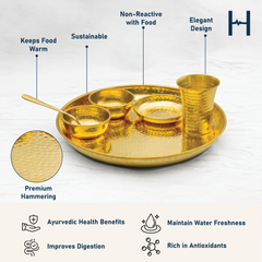 Brass Thali Dinner Set | 6 Pieces Brass Thali Set, 1 Plate (Thali), 2 Bowls, 1 Sweet Dish, 1 Glass, 1 Spoon | 13 Inches Thali