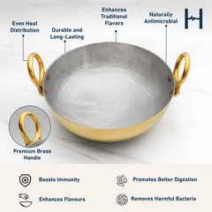 Pure Brass Kadai With Brass Handles for Cooking – Tin Coated (Kalai) – Handcrafted Hammered & Traditional Design