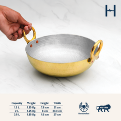 Pure Brass Kadai With Brass Handles for Cooking – Tin Coated (Kalai) – Handcrafted Hammered & Traditional Design