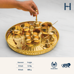 Pure Brass Pooja Thali Set of 10 | Set of 1 Thali, 1 Ghanti, 1 Pooja Aarti, 1 Pali, 2 Wati, 1 Kalash, 1 Chaumukha, 1 Incense Burner, and 1 Kapoor Aarti
