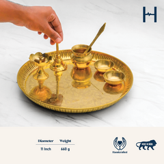 Pure Brass Pooja Thali Set of 7 | Puja Thali Set with 1 Plate, 1 Ghanti/Bell, 1 Diya, 1 Pali, 2 Wati, 1 Kalash