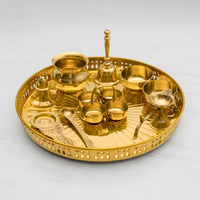 Pure Brass Pooja Thali Set of 10 | Set of 1 Thali, 1 Ghanti, 1 Pooja Aarti, 1 Pali, 2 Wati, 1 Kalash, 1 Chaumukha, 1 Incense Burner, and 1 Kapoor Aarti