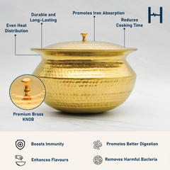 Pure Brass Round Handi With Lid for Cooking – Tin Coated (Kalai) – Handcrafted Hammered & Traditional Design