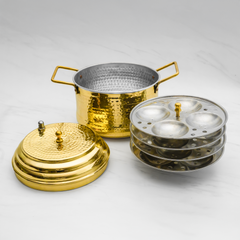 Pure Brass Idli Cooker Hammered Finish with Whistle Indicator & Brass Lid | Traditional 4 Plate 16 Idlis Steamer | Durable & Hygienic Brass Idly Maker