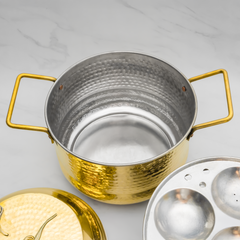 Pure Brass Idli Cooker Hammered Finish with Whistle Indicator & Brass Lid | Traditional 4 Plate 16 Idlis Steamer | Durable & Hygienic Brass Idly Maker
