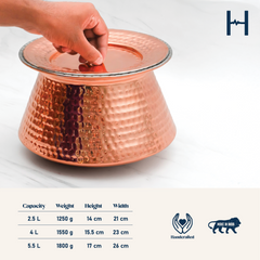 Pure Copper Handi With Lid for Cooking – Tin Coated (Kalai) – Handcrafted Hammered & Traditional Design