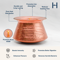Pure Copper Handi With Lid for Cooking – Tin Coated (Kalai) – Handcrafted Hammered & Traditional Design
