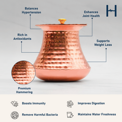 Pure Copper Pistachio Lota with Hammered Finish With Lid – Lacquer Coated for Long Life