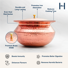 Pure Copper Round Handi With Lid for Cooking – Tin Coated (Kalai) – Handcrafted Hammered & Traditional Design