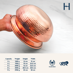 Pure Copper Round Handi With Lid for Cooking – Tin Coated (Kalai) – Handcrafted Hammered & Traditional Design