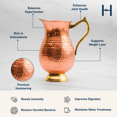 Pure Copper Jug for Water with Lid & Handle - Antioxidant and Antimicrobial - Harmless & Lead-Free - Very Strong & Durable - 1L