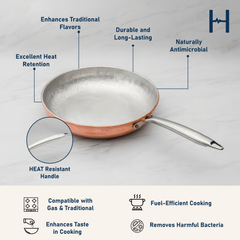 Pure Copper Saute Pan with Heat Resistant Handle for Cooking – Tin Coated (Kalai) – Handcrafted Hammered & Traditional Design