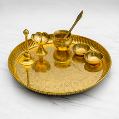 Pure Brass Pooja Thali Set of 7 | Puja Thali Set with 1 Plate, 1 Ghanti/Bell, 1 Diya, 1 Pali, 2 Wati, 1 Kalash