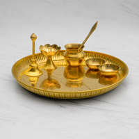 Pure Brass Pooja Thali Set of 7 | Puja Thali Set with 1 Plate, 1 Ghanti/Bell, 1 Diya, 1 Pali, 2 Wati, 1 Kalash