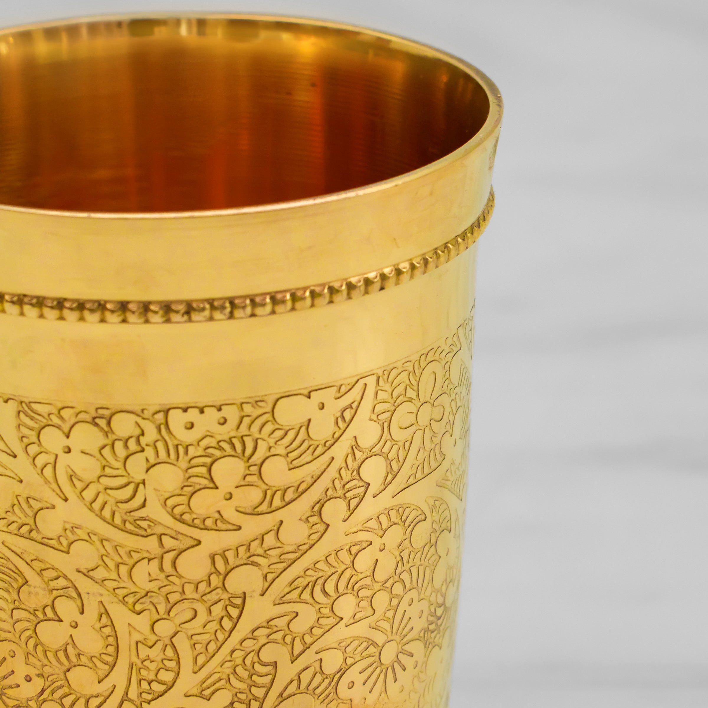 Pure Brass Etched Glass | 250ml Traditional Ayurvedic Itching Design Water Tumbler