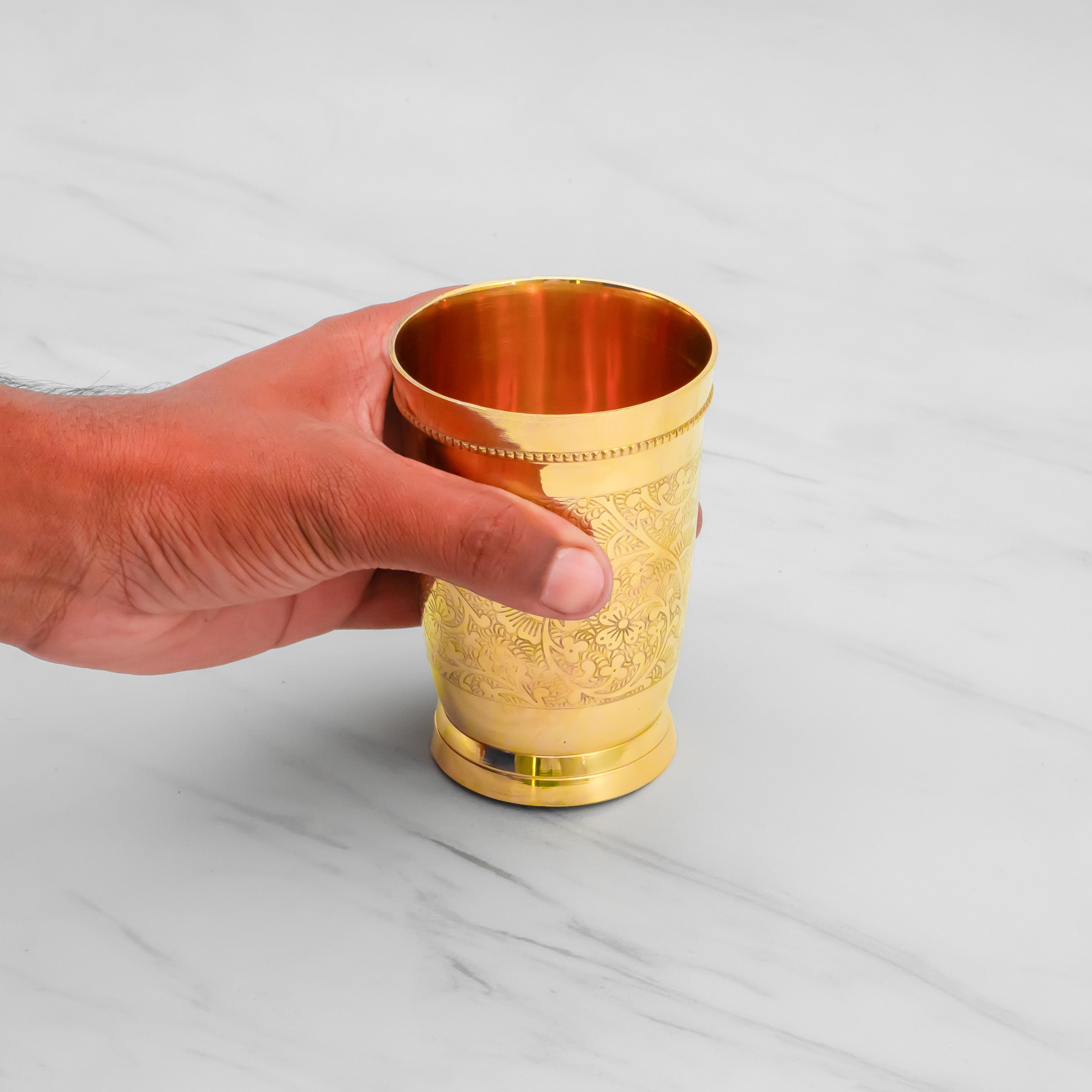 Pure Brass Etched Glass | 250ml Traditional Ayurvedic Itching Design Water Tumbler
