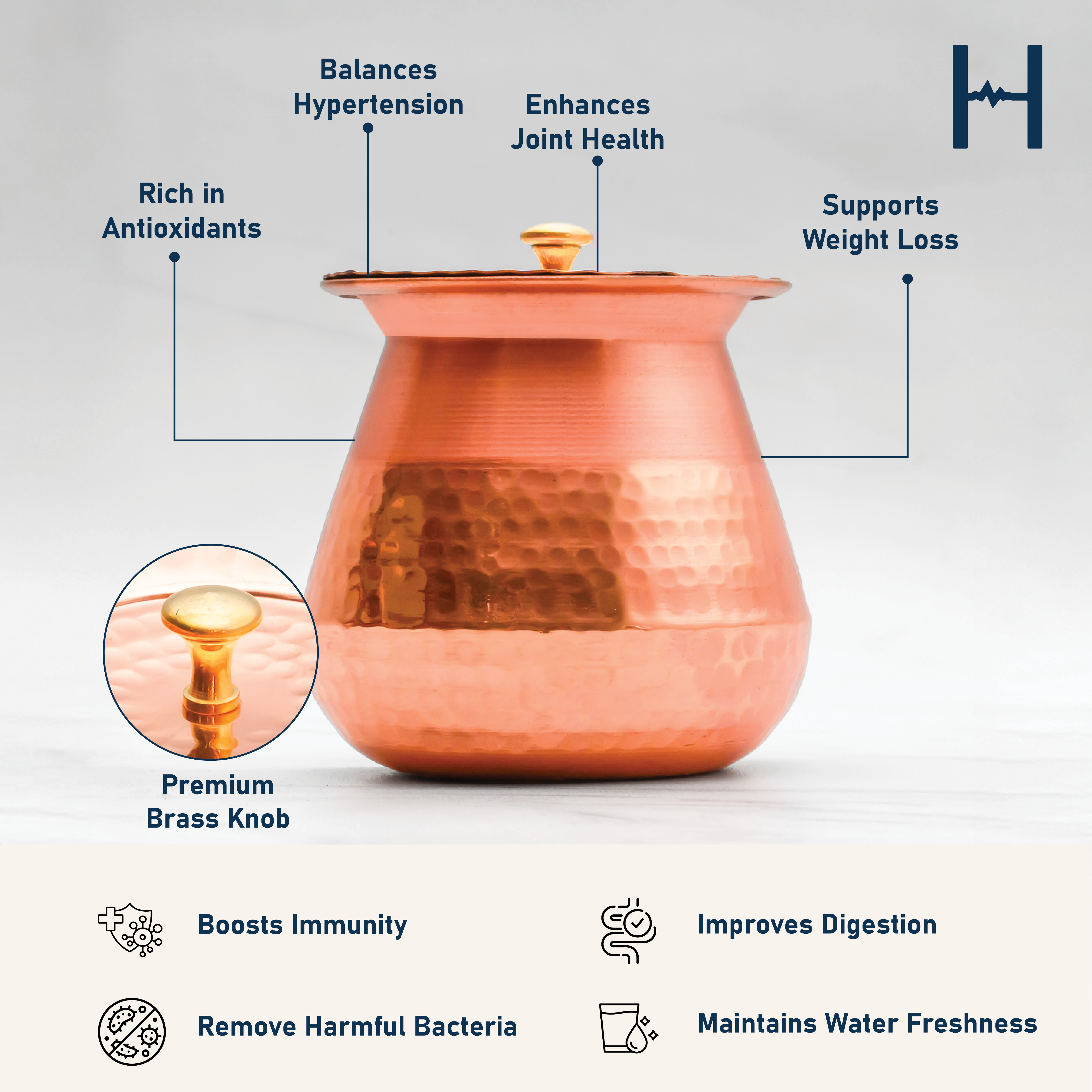 Pure Copper Almond Lota with Hammered Finish With Lid– Lacquer Coated for Long Life