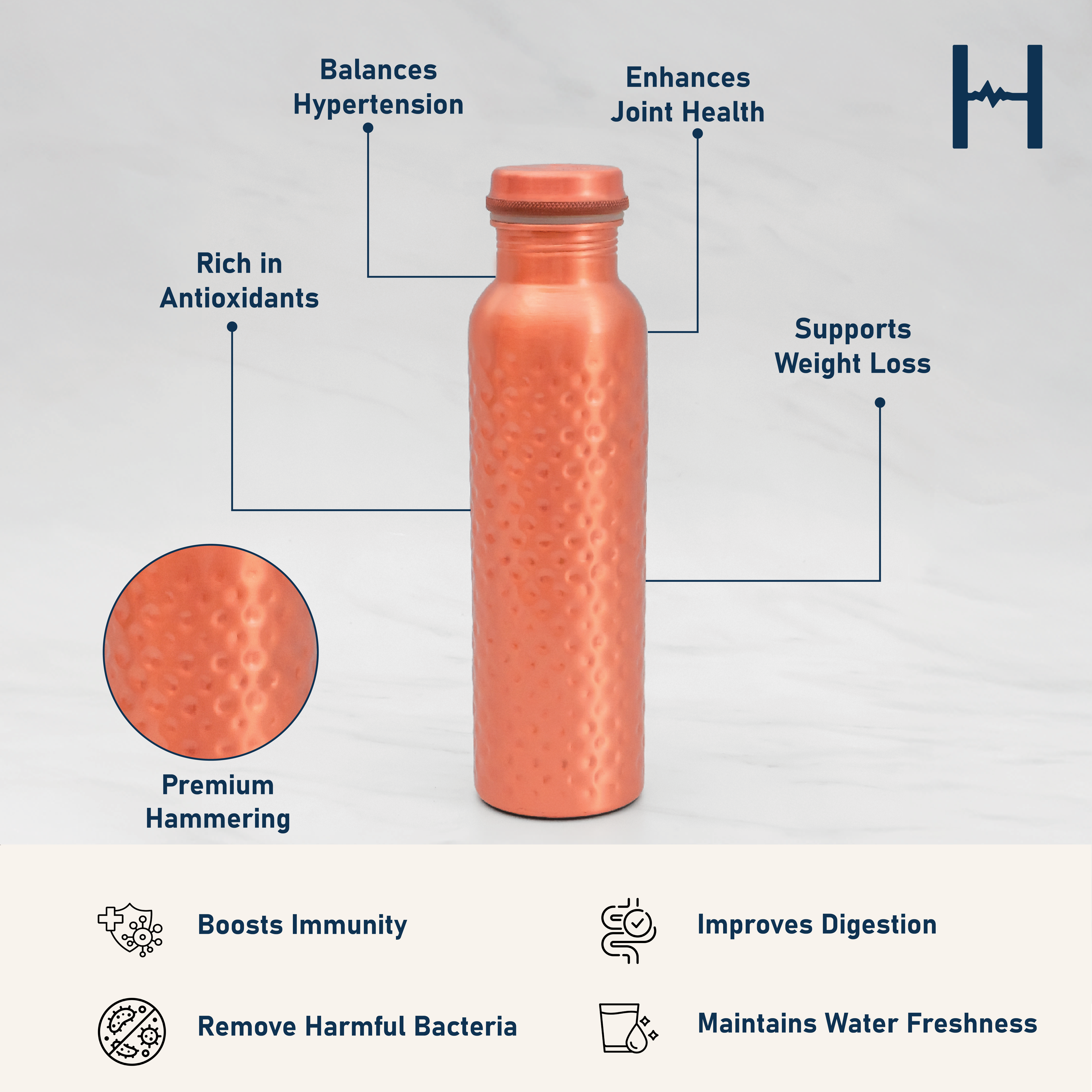 Pure Copper Water Bottle | Leak proof Water Bottle, Hammered Finish | 1 Litre