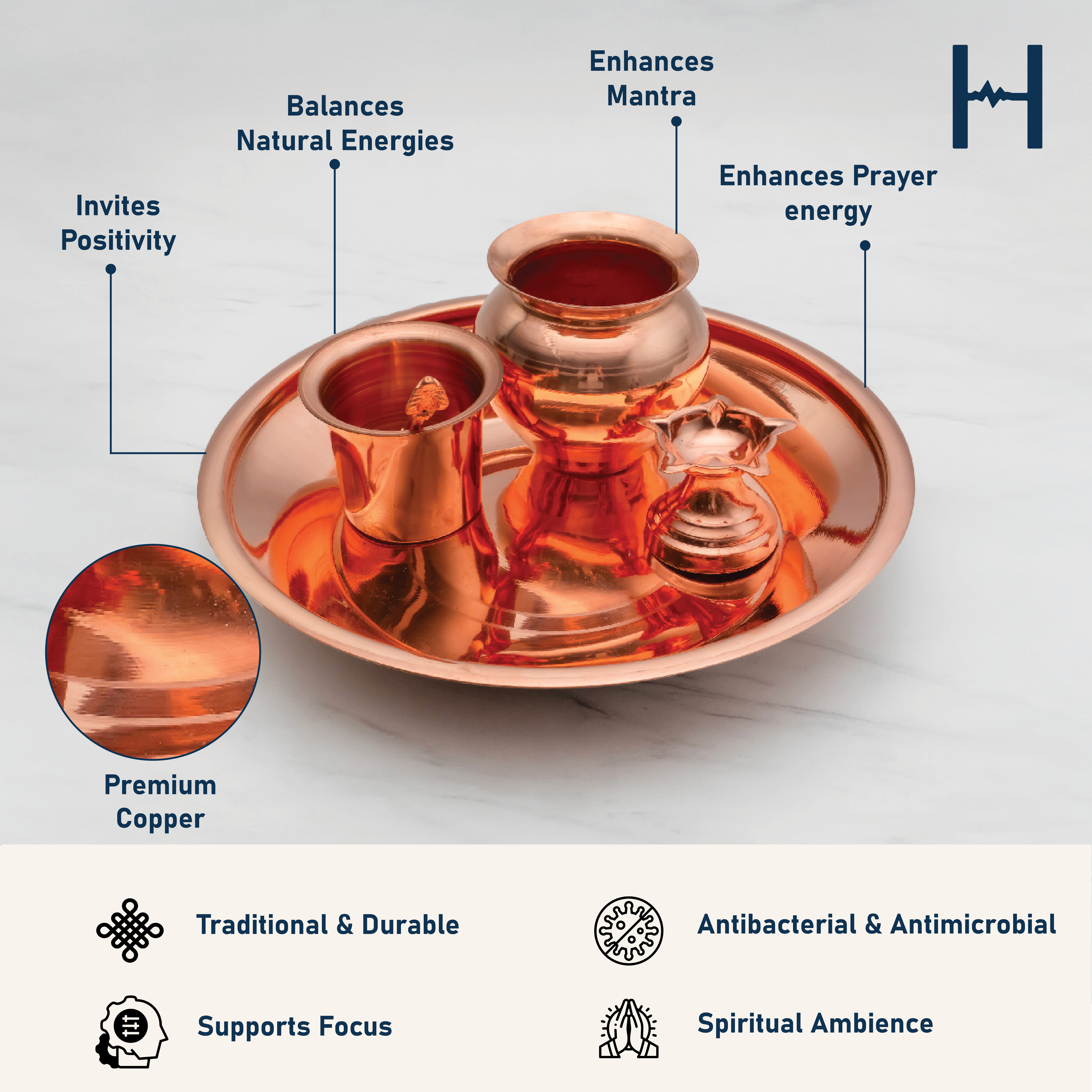 Pure Copper Pooja Thali Set - 5 Items | Pooja Thali Set with 1 Plate, 1 Kalash, 1 Fullpatra, 1 Pali, and 1 Niranjan