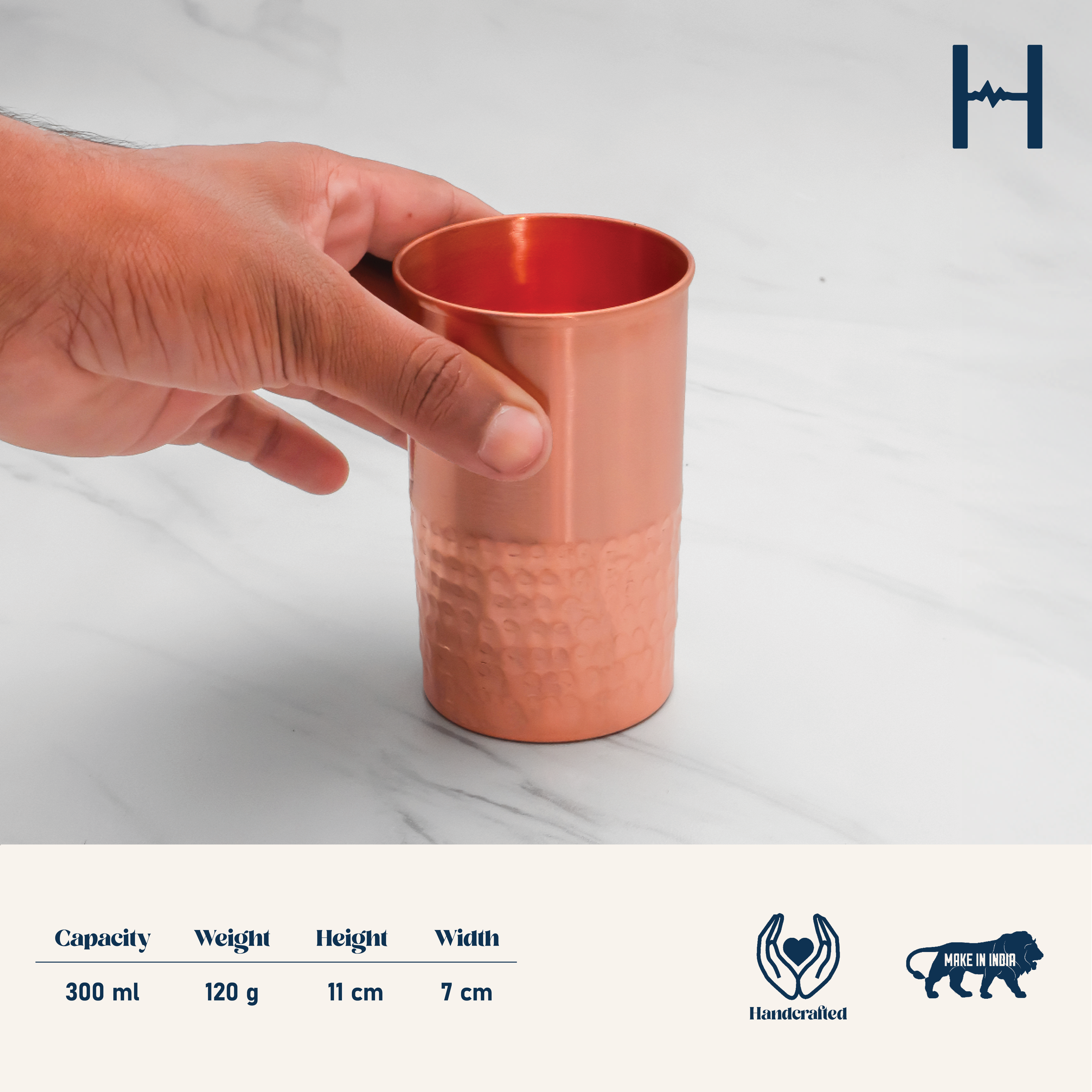 Pure Copper Vintage Hammered Glass - Lacquered for Shine & Protection - Traditional Look
